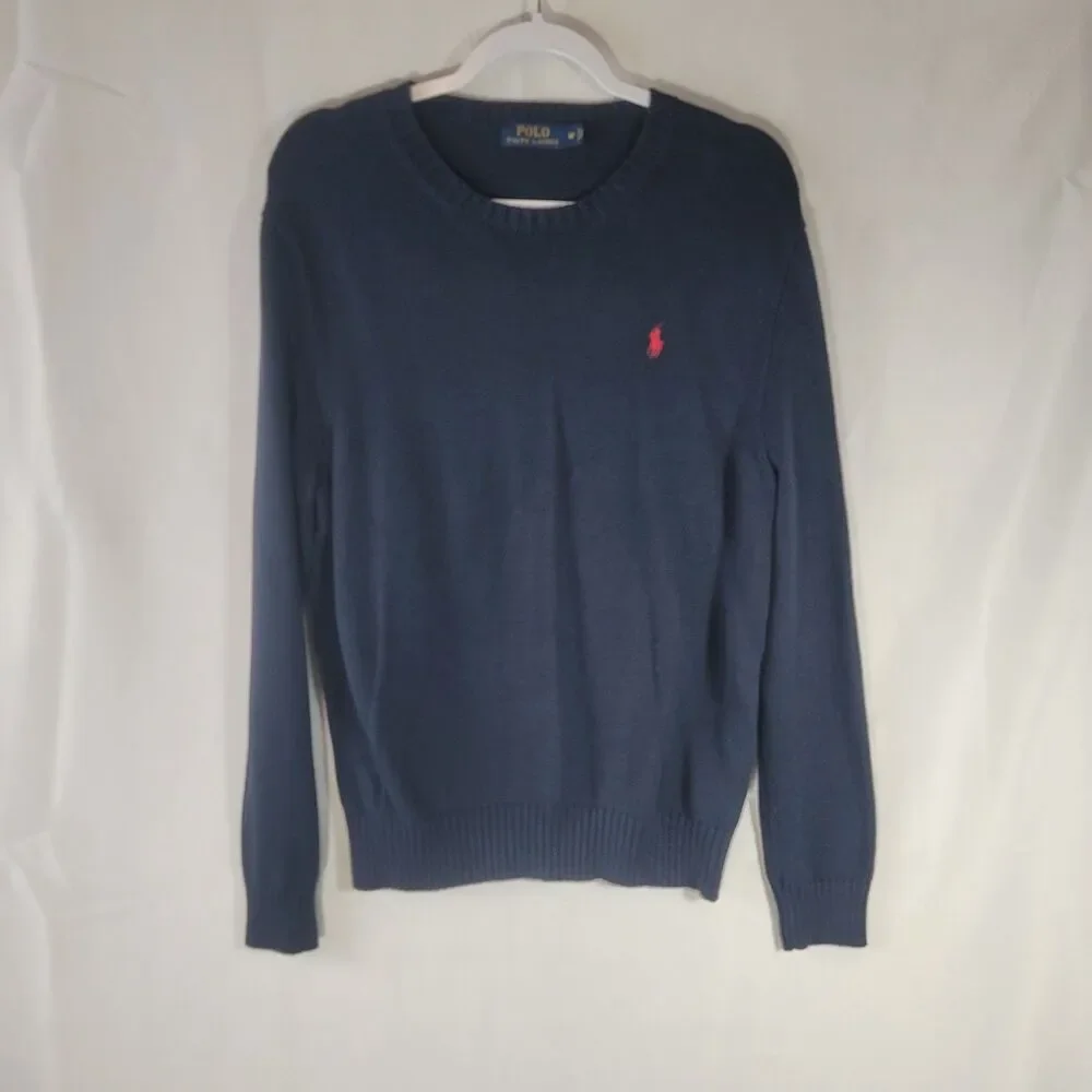 Polo Ralph Lauren Men's Medium Navy Blue 100% Cotton Crewneck Sweater Red Pony